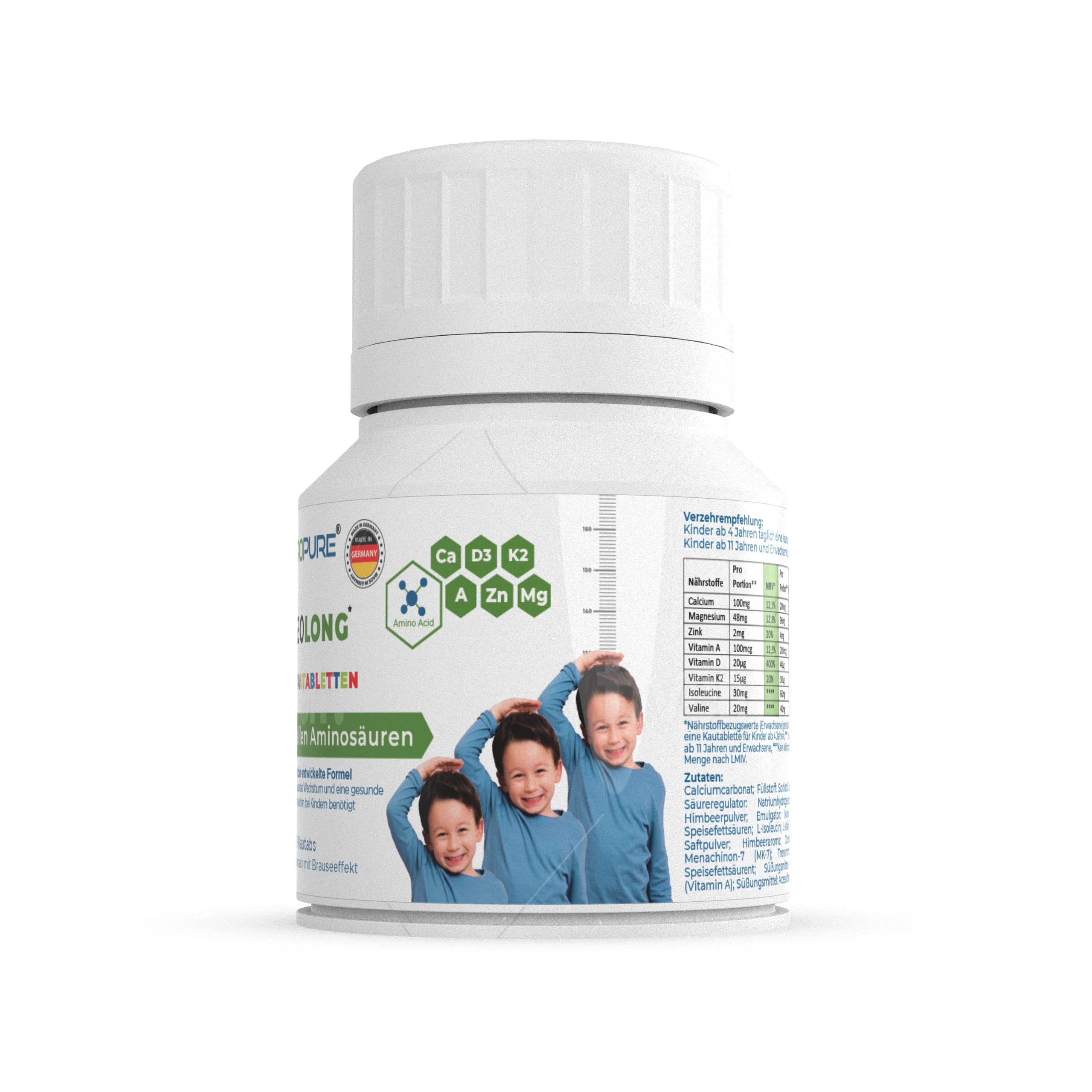 OsseoLong® Kautabletten: Einzigartige Kombination: Verzweigtkettiger Aminosäuren (BCAAs), Kalzium, Vitamin D3, Zink und Magnesium für die Knochenentwicklung.