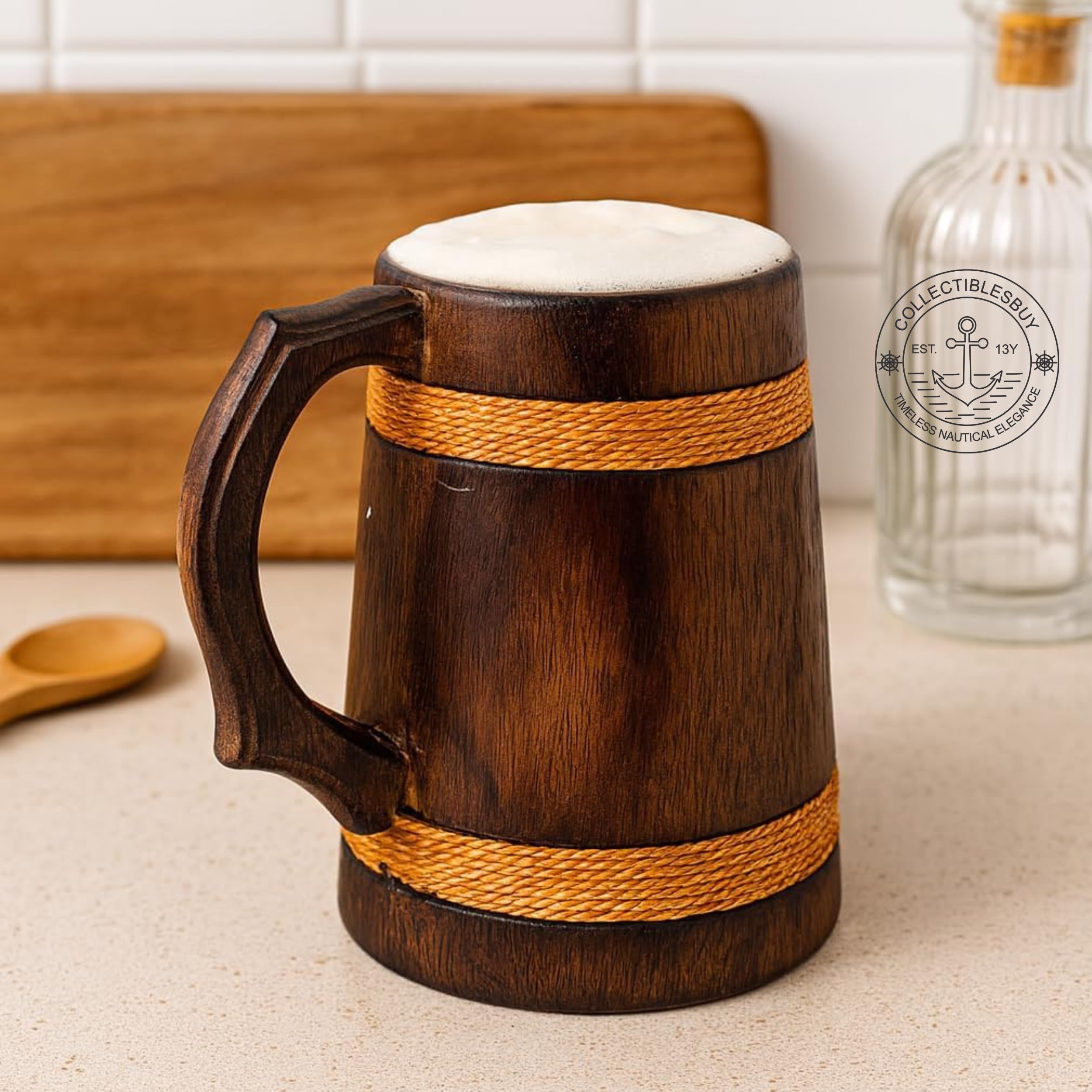 collectiblesBuy Naturholzkrug in Antik-Optik, für Kaffee, Tee, Feier, Küche, Bar, Zubehör, handgefertigt, rustikal, Holz-Bierkrug