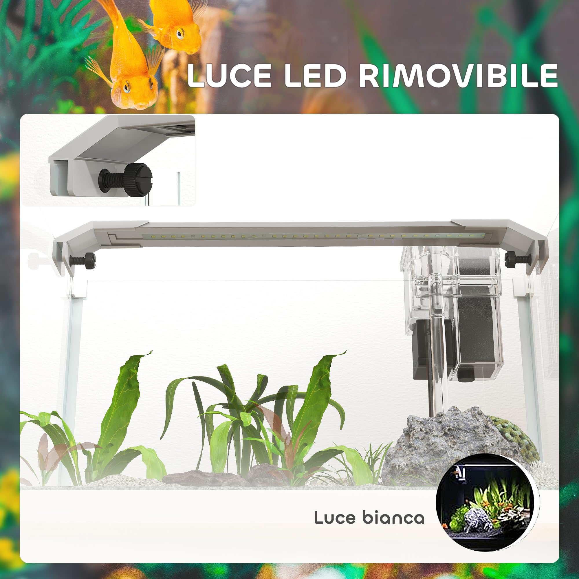 PawHut Acquario per Pesci Rossi in Vetro con Luci LED, Acquario 20L per Tropicali con Filtro e Pompa d'Acqua, 38x26x27 cm, Bianco