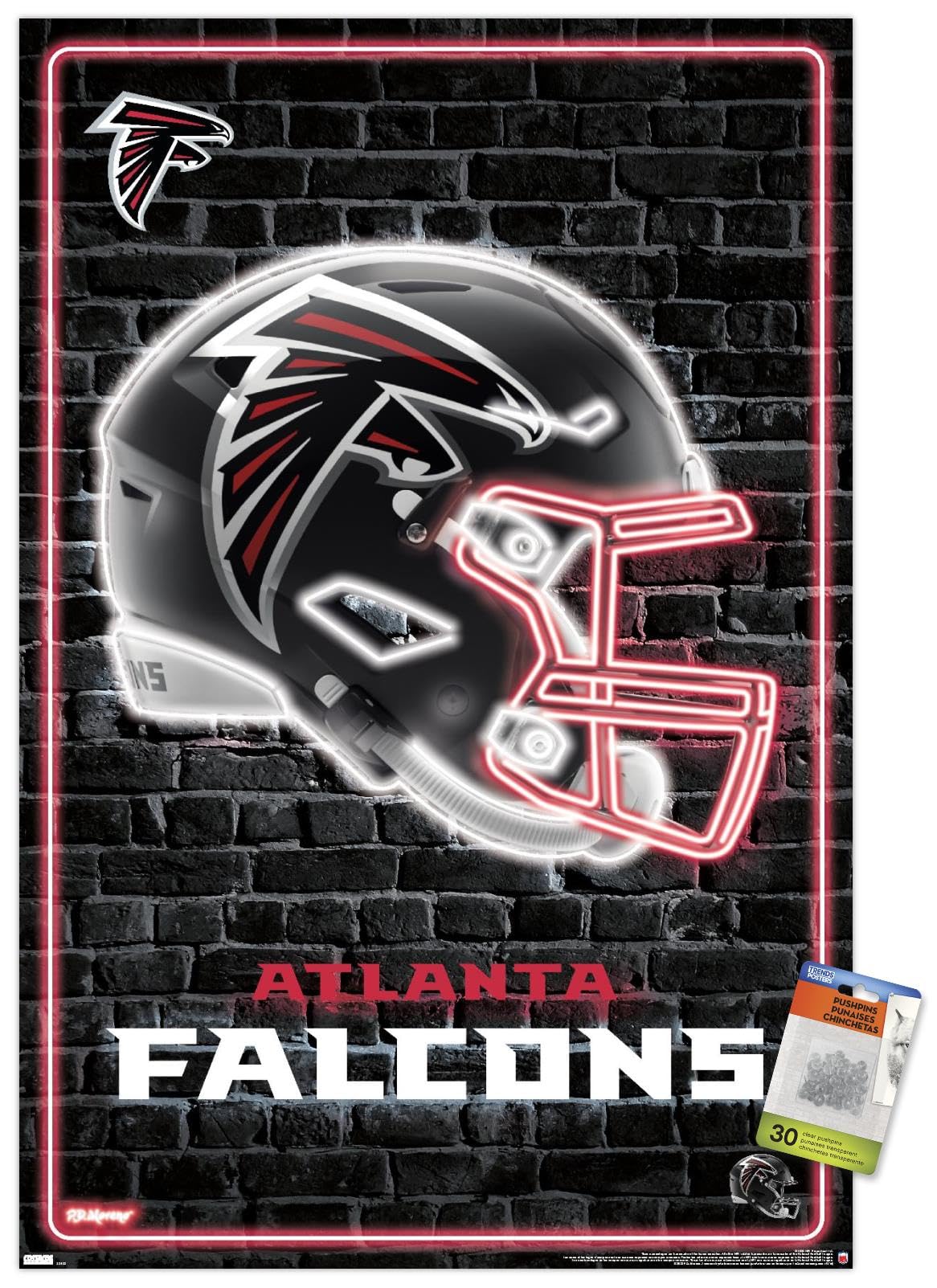 Trends InternationalNFL Atlanta Falcons - Neon Helmet 23 Wall Poster, 22.37" x 34.00", Poster & Push Pin Bundle