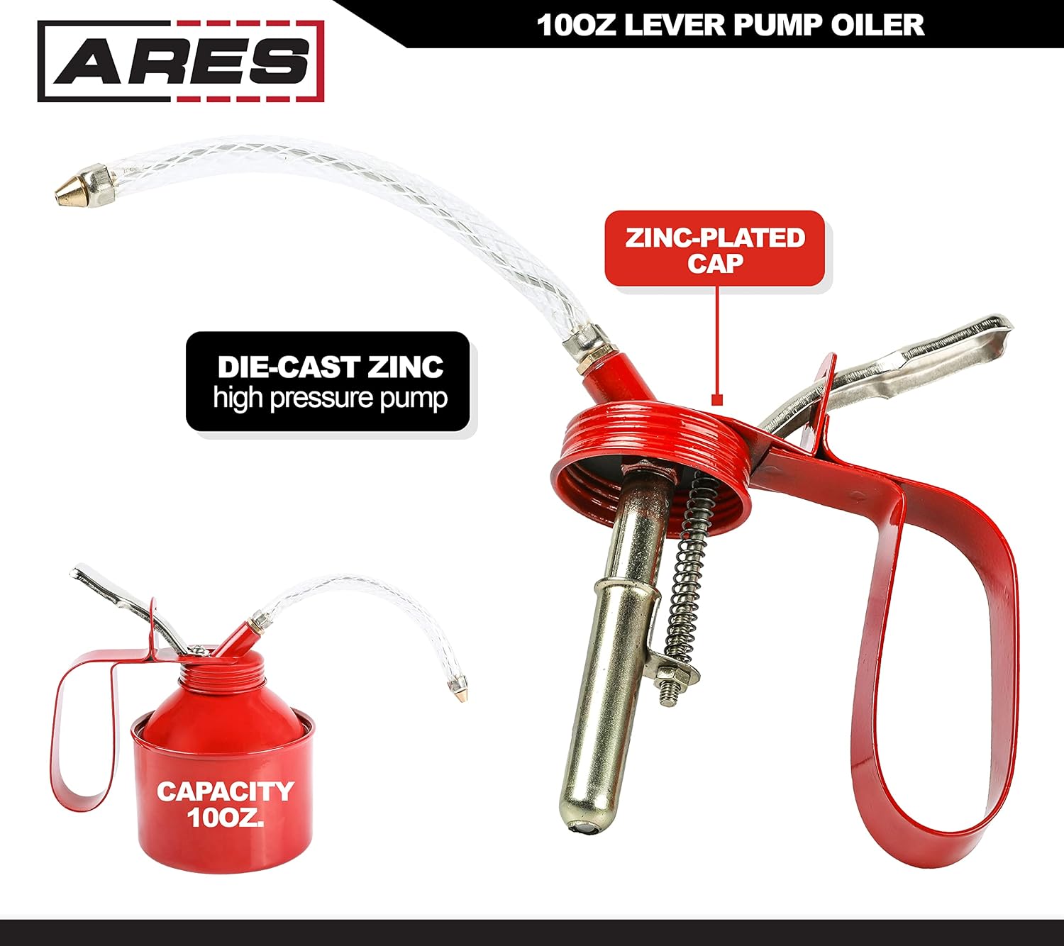 ARES 55009 – 10oz Red Lever Style Oiler Can - Includes Steel Braided Flex Hose & Offset Rigid Steel Nozzle – High Pressure Pump