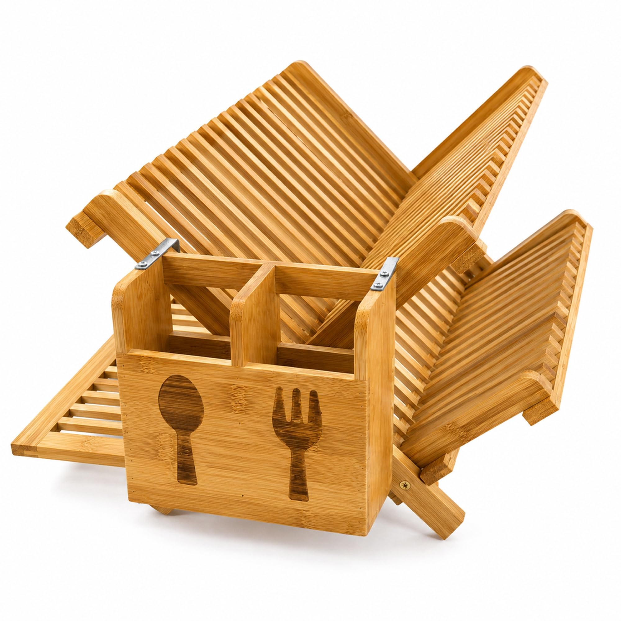 AVIQO Bamboo Dish Drainer Rack With Utensils Flatware Holder, Folding Dish Drying Rack For Kitchen Counter, 3 Tier Bamboo Draining Board Dish Organiser for Plates, Bowls, Cups and Cutlery