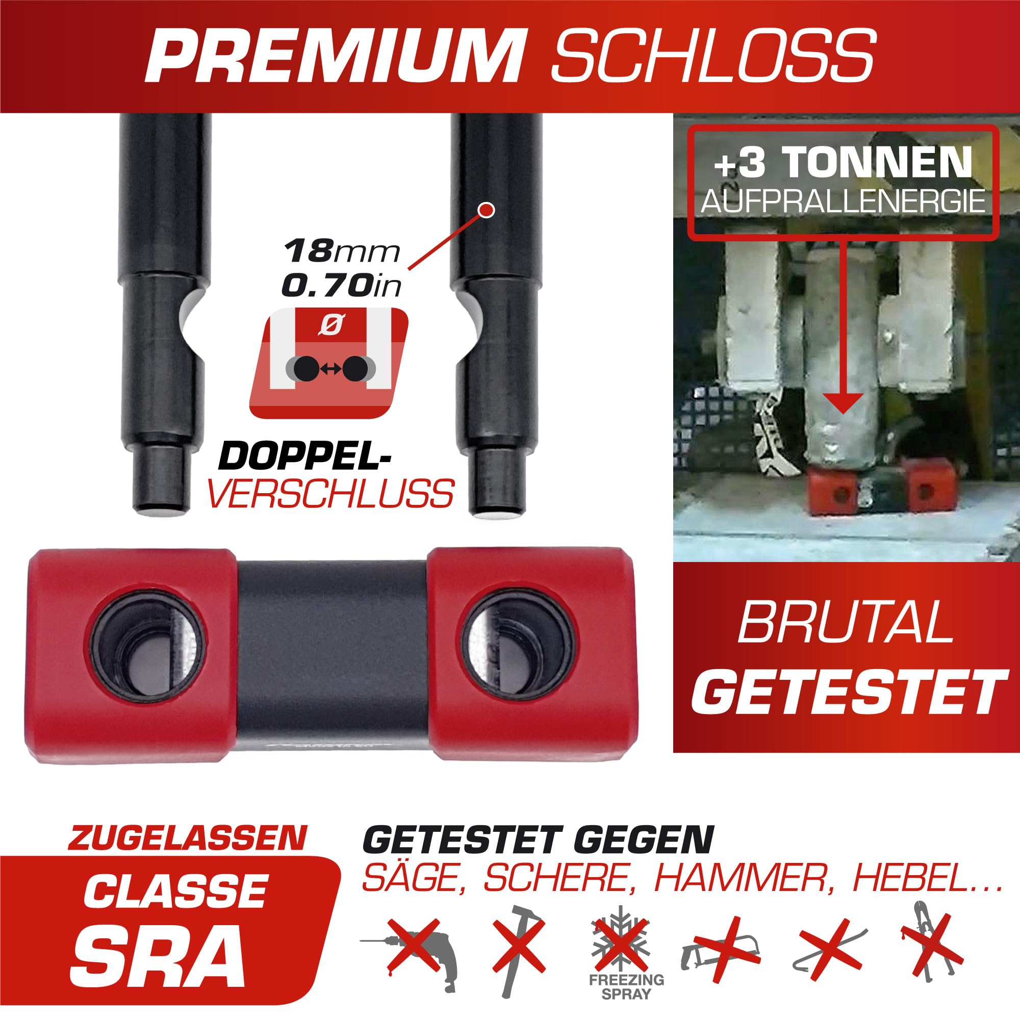 RADIKAL RK48100 Sicherheitskette mit Vorhängeschloss 13,5 ø 100 cm + 18 ø Scheibenschloss Hochsicherheits-Diebstahlsicherung SRA-Zulassung, Schwarz und Rot