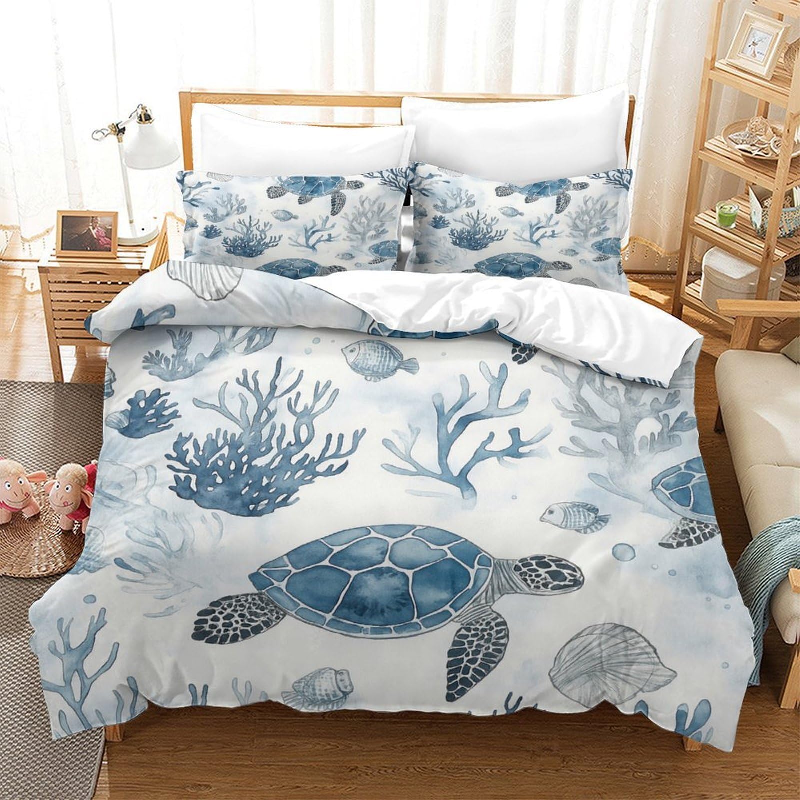 3 Piezas Microfibra de poliéster Sea Turtles Juego Fundas Edredón Estampado 3D Fundas Almohada Transpirable Watercolor Océano Funda de Edredón for Familia Super King（260x220cm）