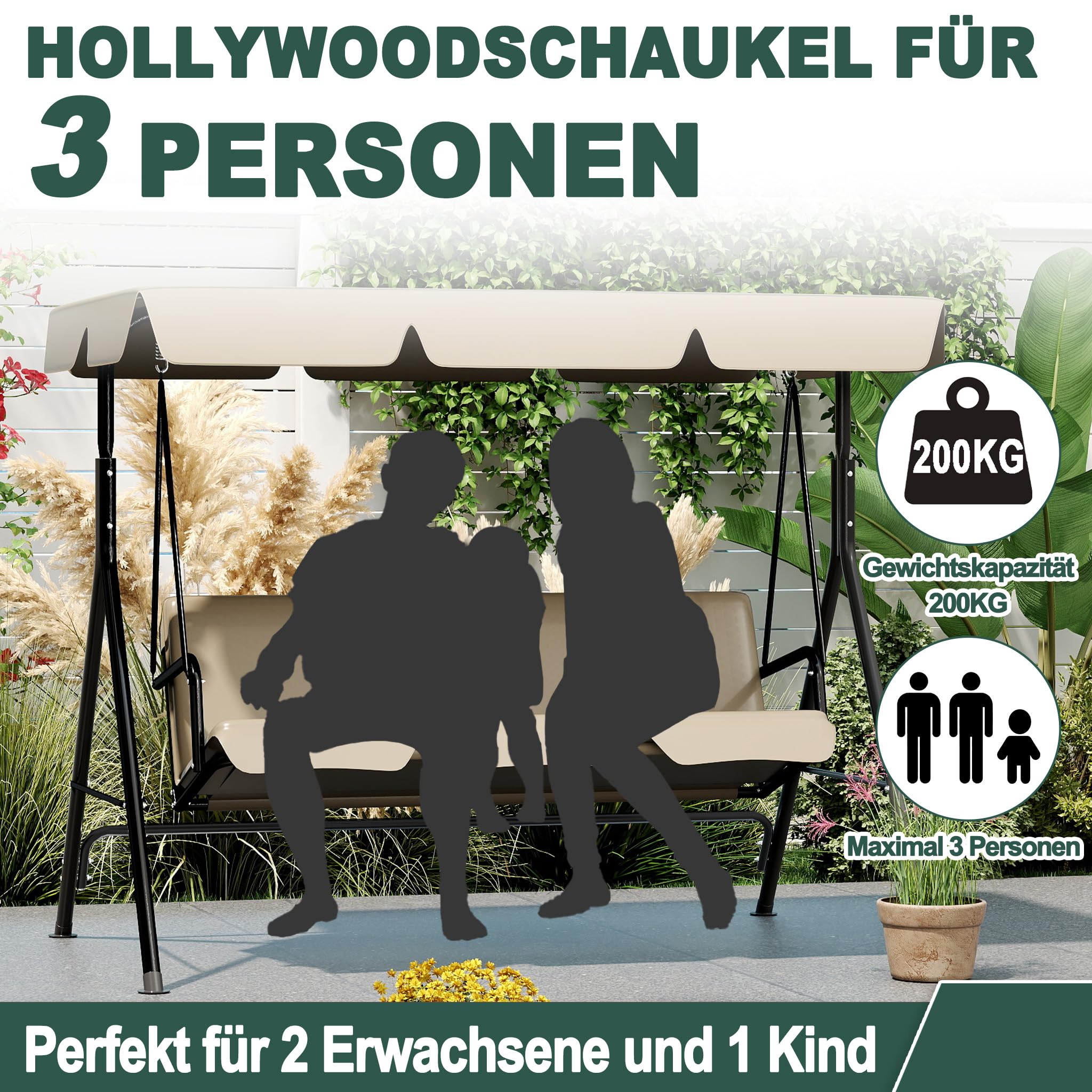 LZQ Balançoire Hollywood 3 places résistante aux intempéries - Avec toit réglable - 176 x 110 x 152 cm - Charge maximale : 200 kg - Pour extérieur, intérieur et extérieur, marron foncé
