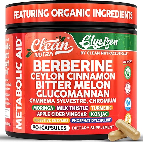Clean Nutra Berberina y Ceilán Suplemento de canela melón amargo glucomanano Gymnema Sylvestre Cromo Moringa Cardo mariano Cúrcuma Vinagre de sidra