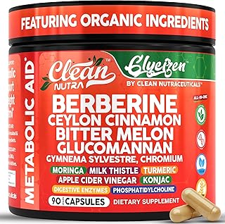 Clean Nutra Berberine and Ceylon Cinnamon Supplement Bitter Melon Glucomannan Gymnema Sylvestre Chromium Moringa Milk Thistle Turmeric Apple Cider Vinegar Digestive Enzymes Inositol Pills 90 Capsules