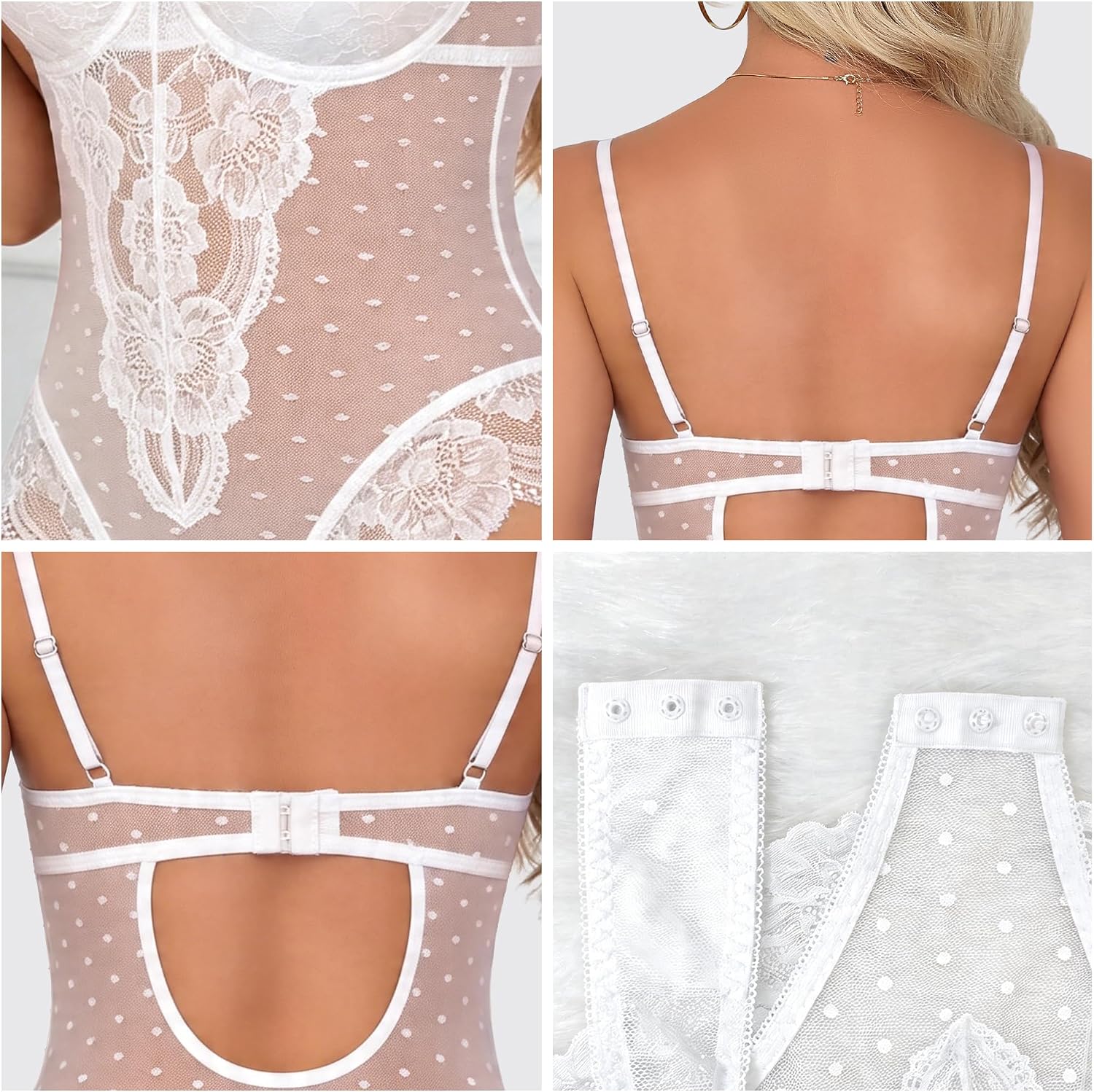 Sexy Lingerie for Women Mesh Sheer Lace Bodysuit V Neck Polka Dot Snap Crotch Teddy Lingerie