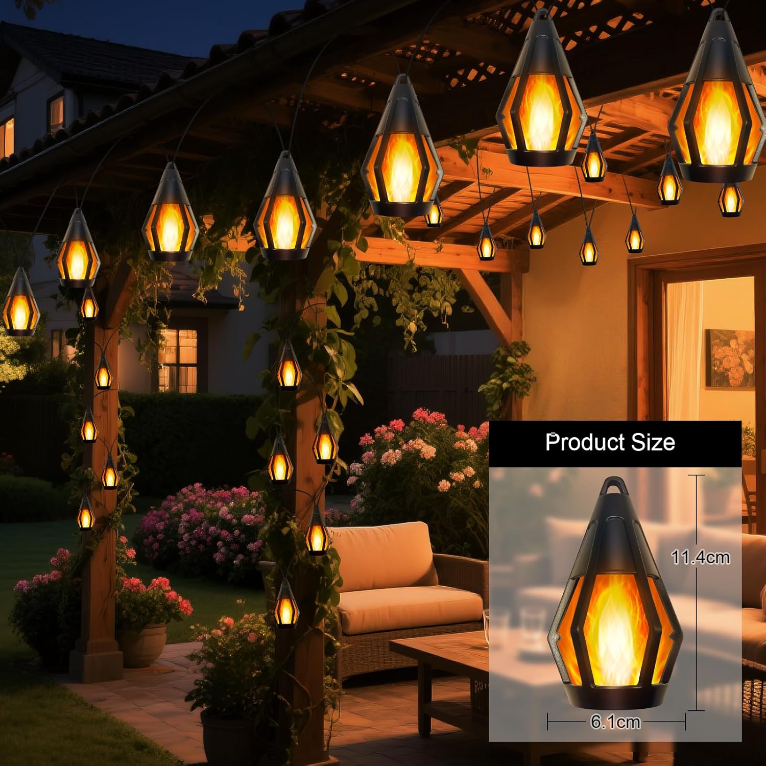 21Ft Solar String Lights Outdoor Waterproof Solar Powered Patio Lights with 10 Flickering Flame Light Bulbs Hanging Lantern String Light for Garden Yard Gazebo Cafe Bistro Party Outdoor Decor