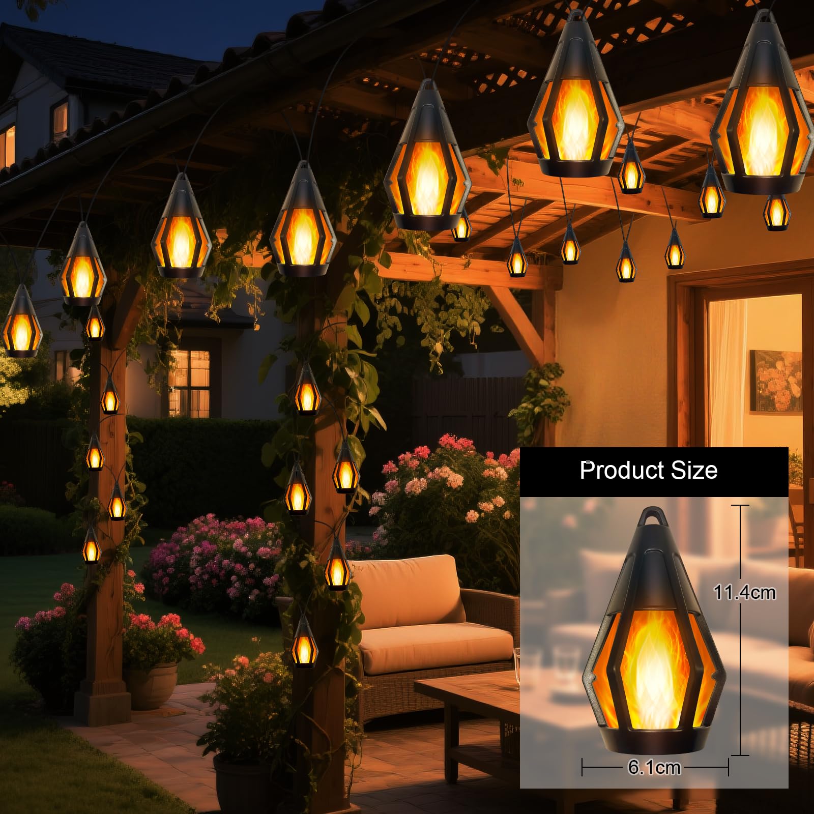 Guirnalda de luces solares de 21 pies para exteriores, impermeables, funciona con energía solar, luces de patio con 10 bombillas de llama parpadeante, farol colgante, cadena de luces para