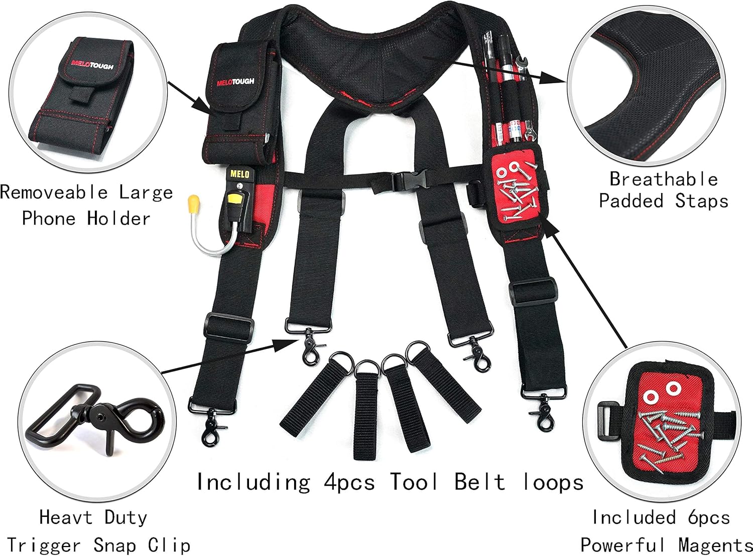 MELOTOUGH Magnetic Tool Belt Suspenders, Rolling Tool Bag with Wheels with Concealed Telescoping Handle for Electrician,Construction,HVAC,Technician
