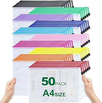 TUXIYA 50pcs 10 Colors Mesh Zipper Pouch Bags,A4 Letter Size, Mesh Bags
