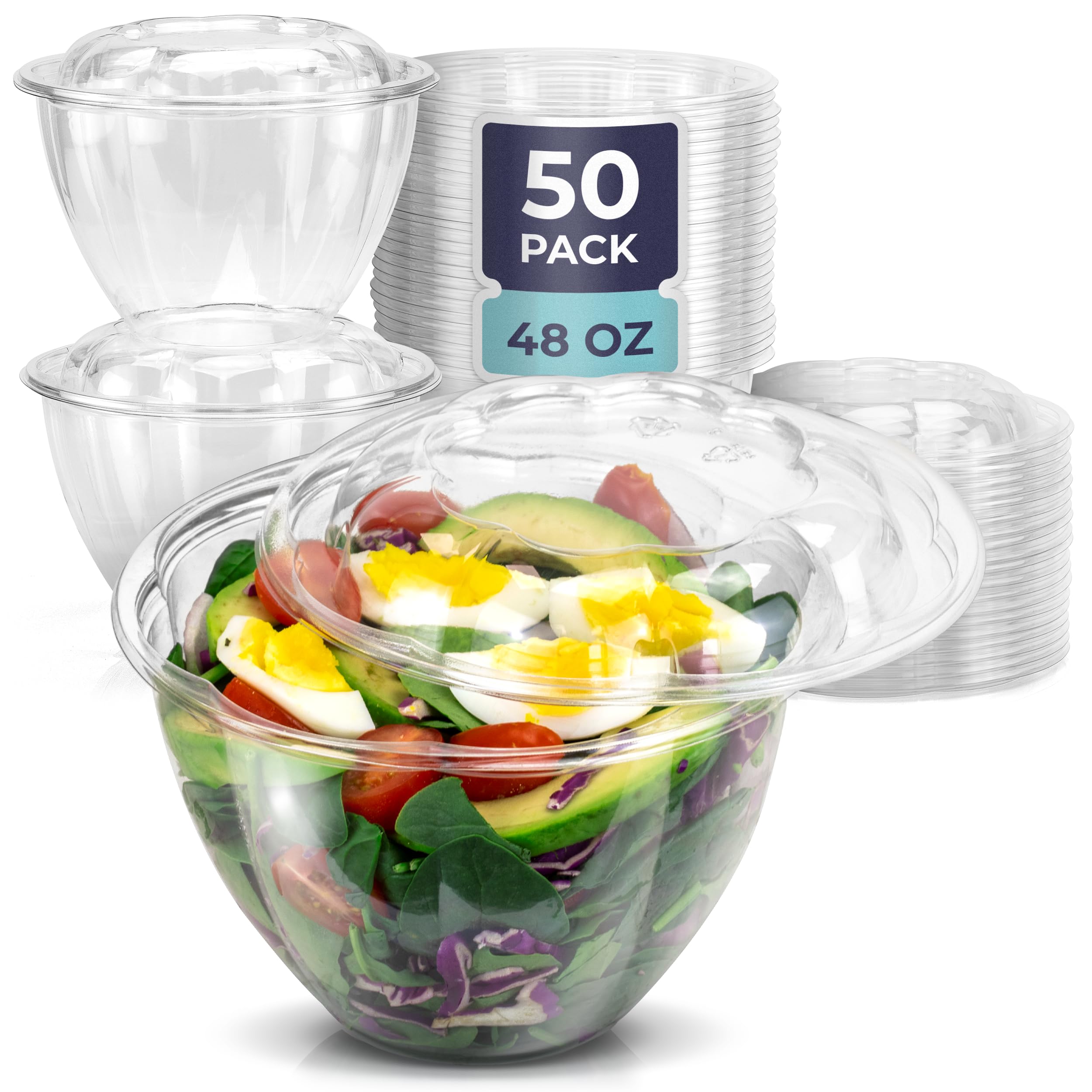 Fit Meal Prep 50 Pack 48 oz Disposable Plastic Clear Salad Bowls with Airtight Lids - To Go for Lunch, Takeout, Party, Catering, Picnic