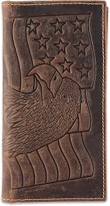 F&L Classic Men's RFID Vintage Leather Long Bifold Wallet with Checkbook, Brown Eagle Flag