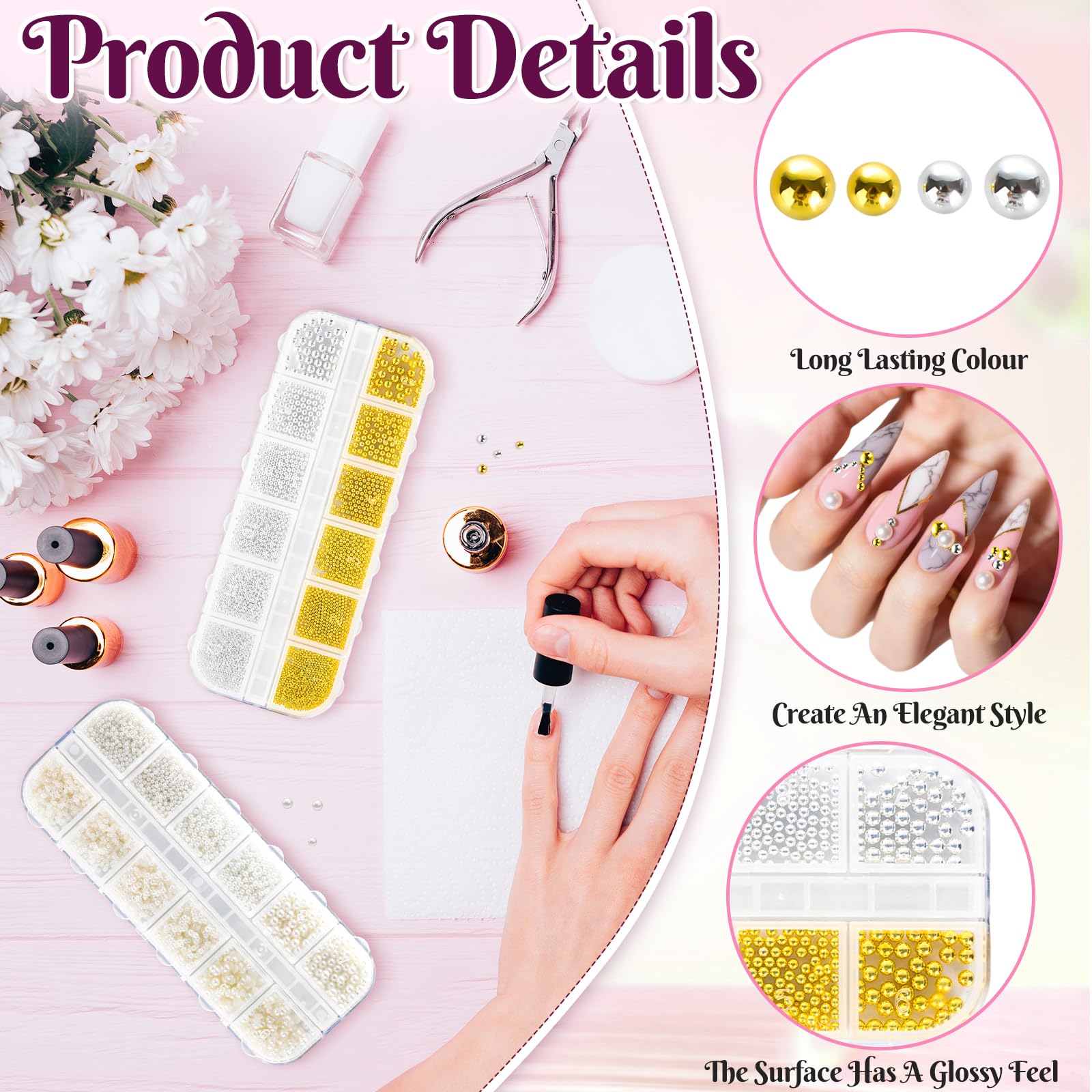 2 Boxes of Nail Stones, Nail Charms with 6 Sizes Sliver and Gold Caviar Beads, 3 Sizes Semi-Round and Rounded Beads Nails - Image 3