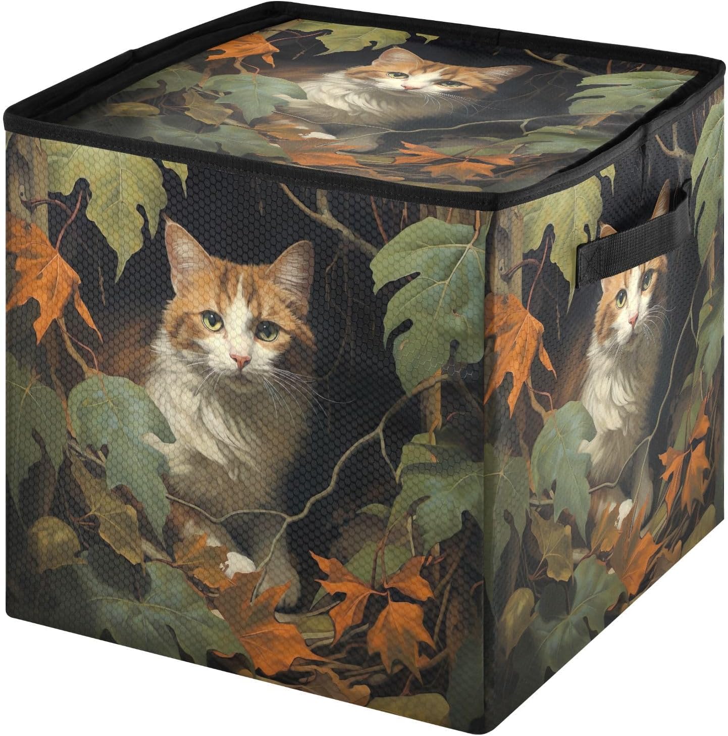Forest Cat Pattern 13 Inch Christmas Ornament Storage Box with Lid - Holiday Decor Storage Containers, Stores 64 Ornaments, 3 Inch Cube Compartments