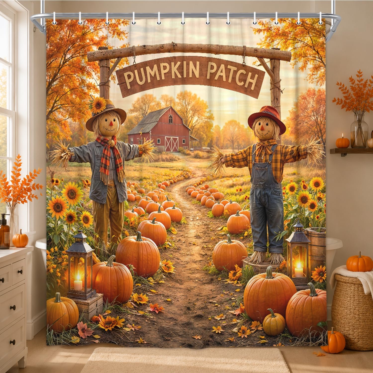 Fall Pumpkin Patch Scarecrow Shower Curtain,Rustic Farm Autumn Harvest Thanksgiving Bath Curtain with Hooks,Sunflower Barn Country Farmhouse Waterproof Fabric Bathroom Decor 72X72IN