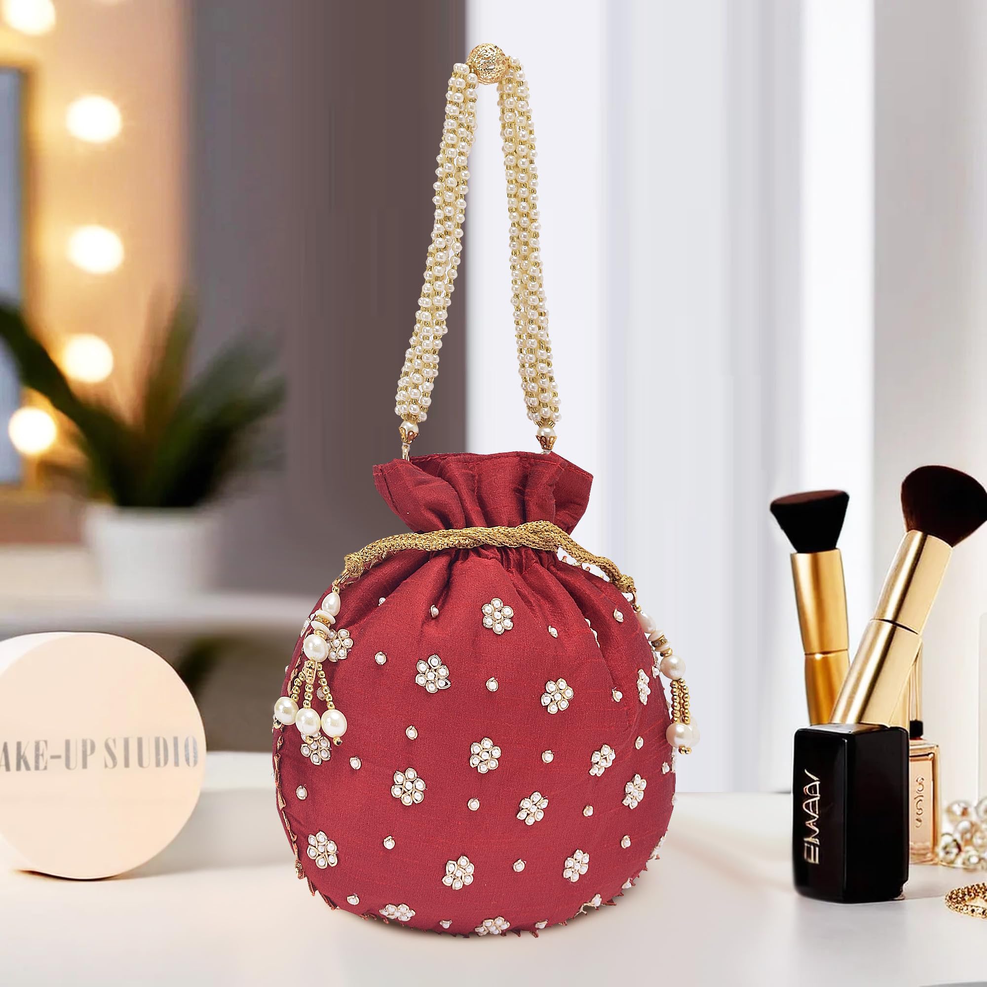 Kuber Industries Potli Bags for Ladies & Girls | Women Shagun Pouches for Festive Seasons | Batwa Bag Bridal Purse With Moti Design - Maroon