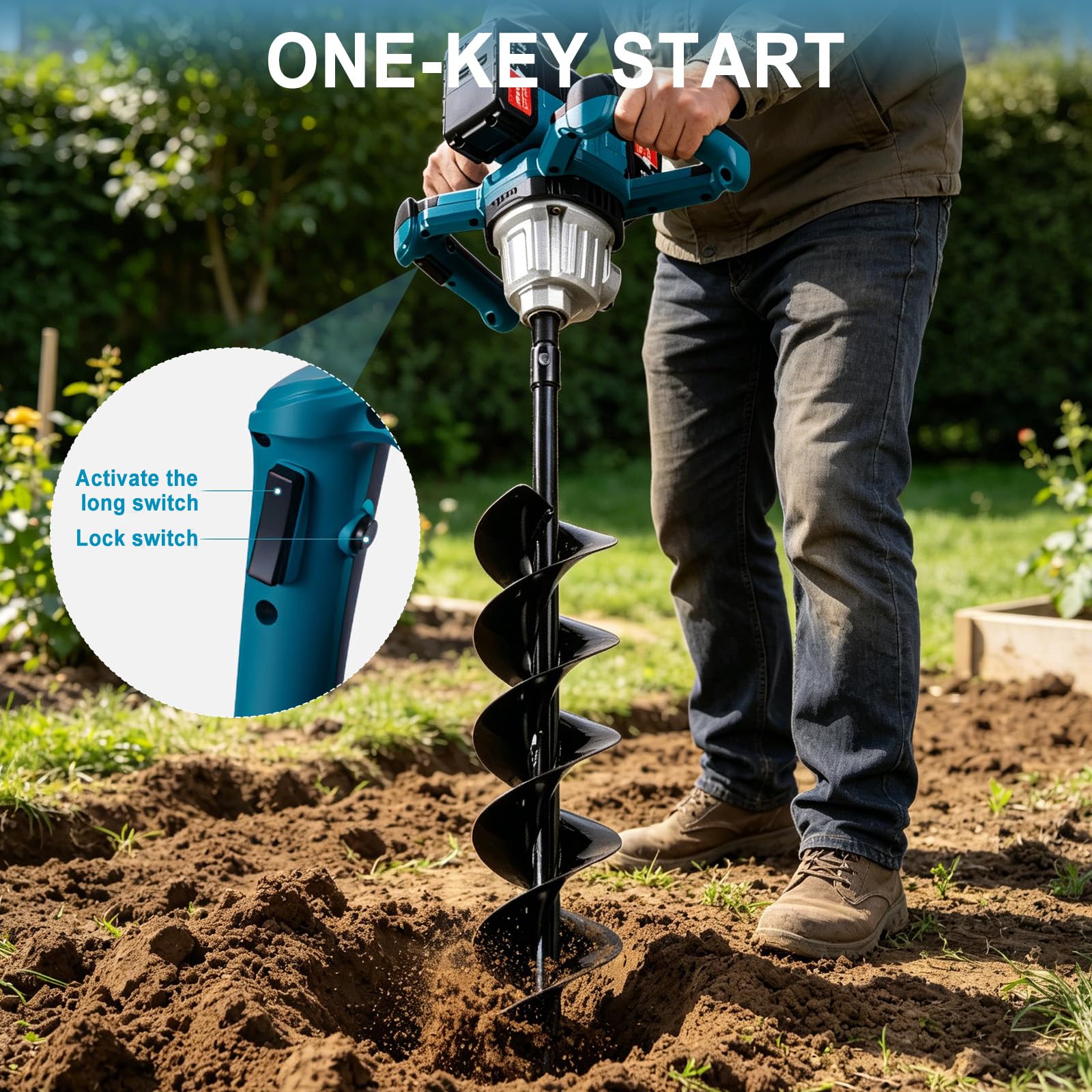 Punta da terra a batteria professionale, 1200 W, senza spazzole con 2 batterie da 4000 mAh, punta da 14 x 80 cm, trapano elettrico senza spazzole, adatta per trapano da terra con diametro da