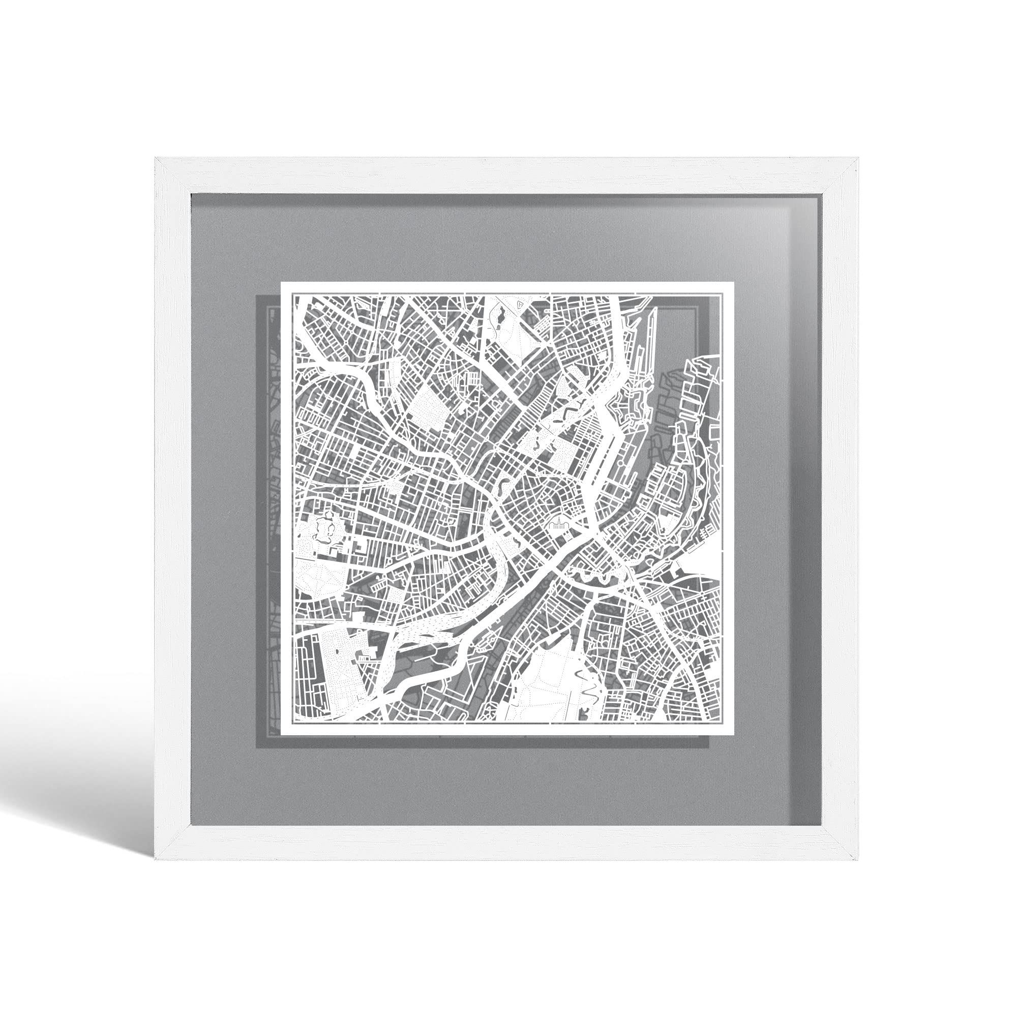 O3 DESIGN STUDIO Copenhagen Paper Cut Map framed, White map, White frame, 23x23 cm, Gift Boxed, 4 background color, self-changing, Paper Art