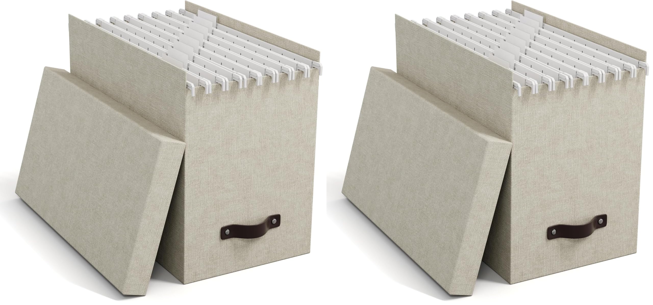 Bigso Box of Sweden Caja archivadora con tapa – Elegante organizador de documentos con 8 carpetas colgantes – Caja clasificadora de tablero de fibras y papel con elegante aspecto de lino – beige