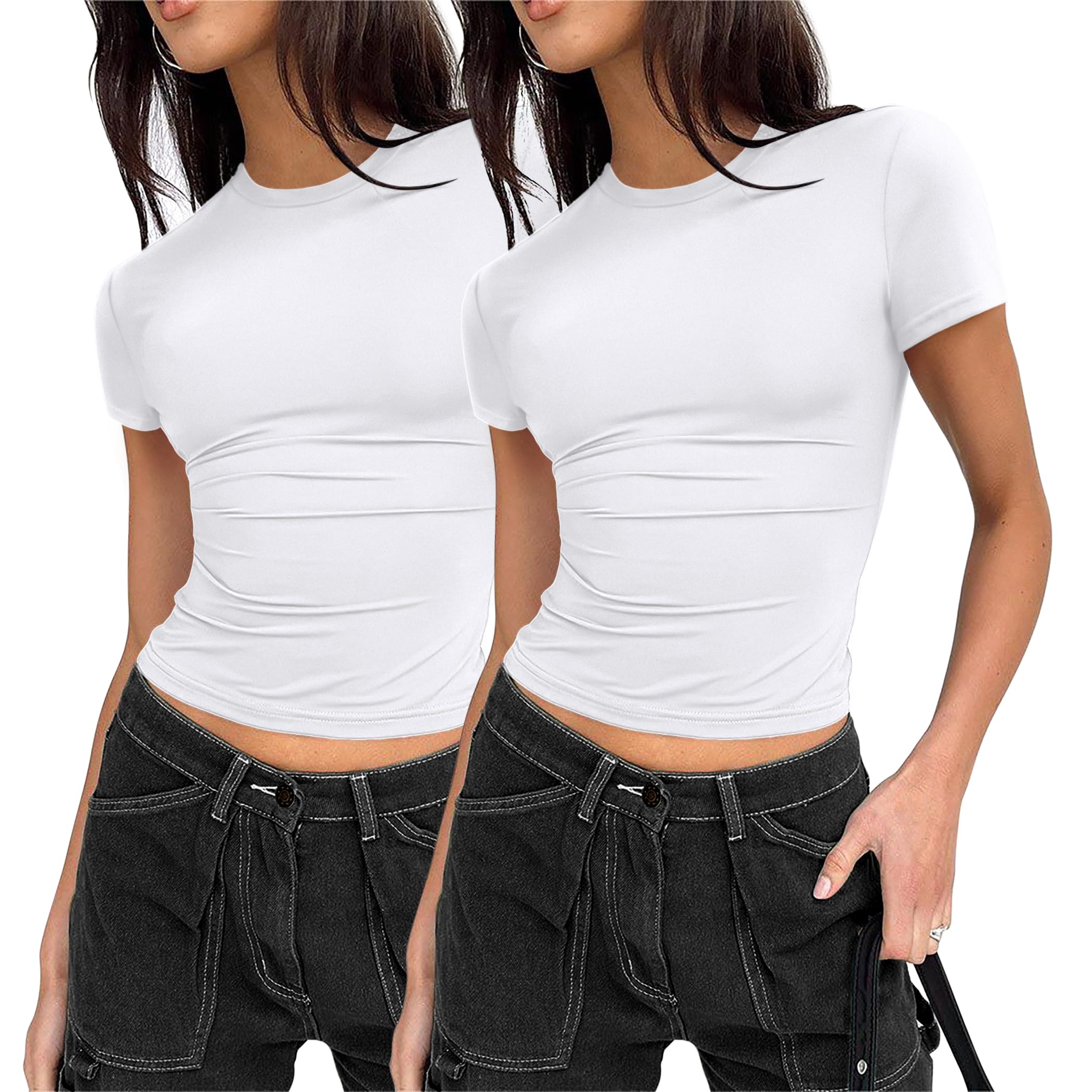 Zeagoo Women's T-Shirt Short Sleeve Crew Neck Casual Crop Top Summer Basic Tops Plain Tight Y2K Tee Shirt XS-XXL