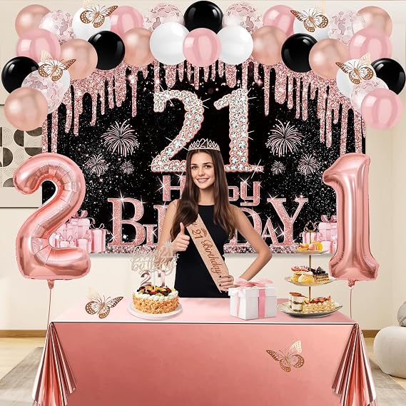 Amosking 21st Birthday Decorations for Her Rose Gold Black 49pcs
