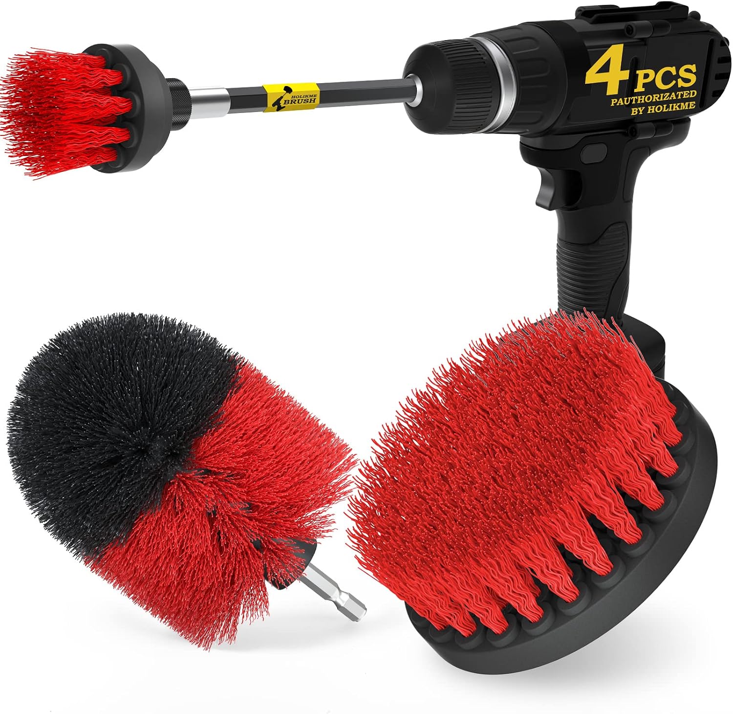 Holikme 4Pack Drill Brush Power Scrubber Cleaning Brush Extended Long Attachment Set，Dark Red