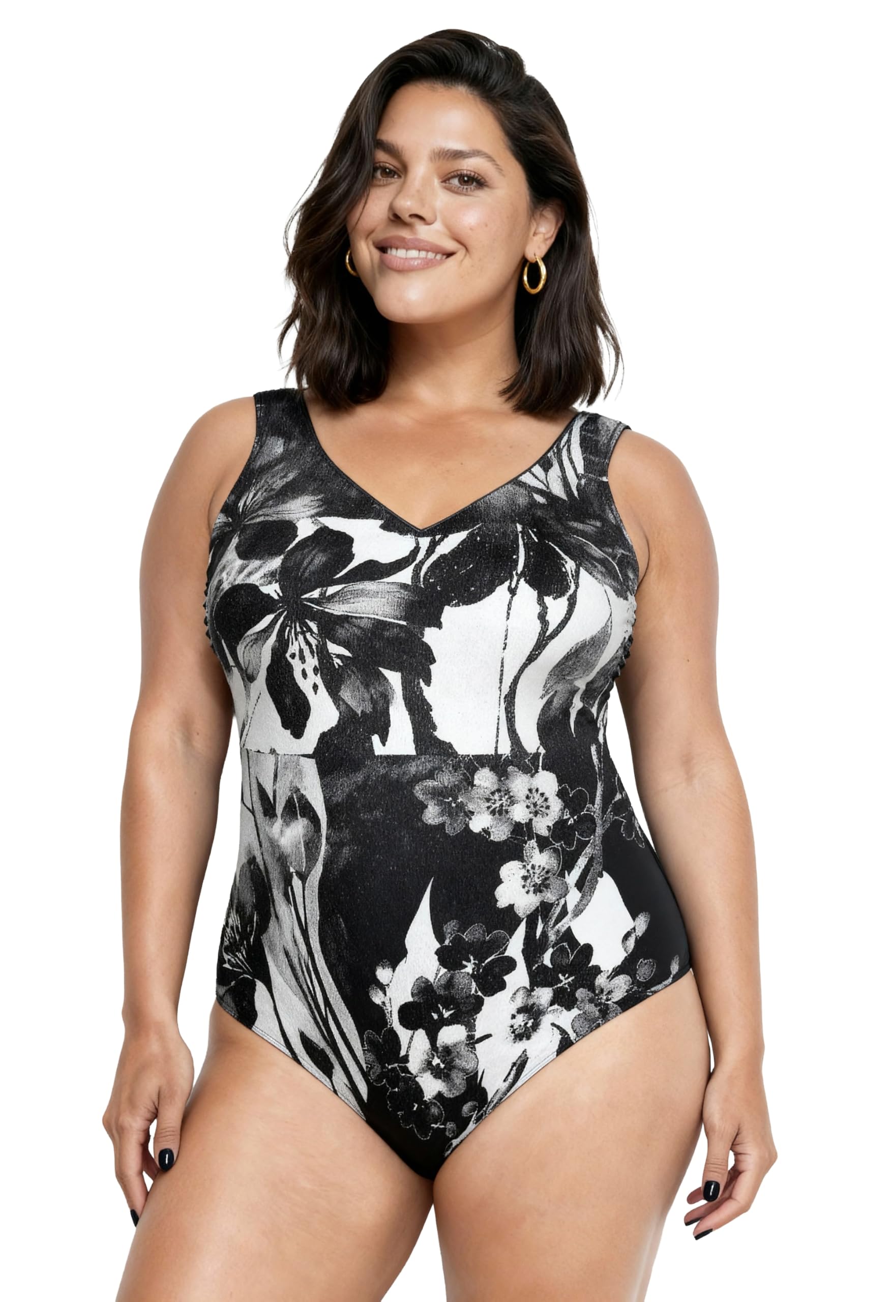 Ulla Popken Damen große Größen Übergrößen Plus Size Badeanzug, Glitzerkante, ohne Softcups, V-Ausschnitt 846615