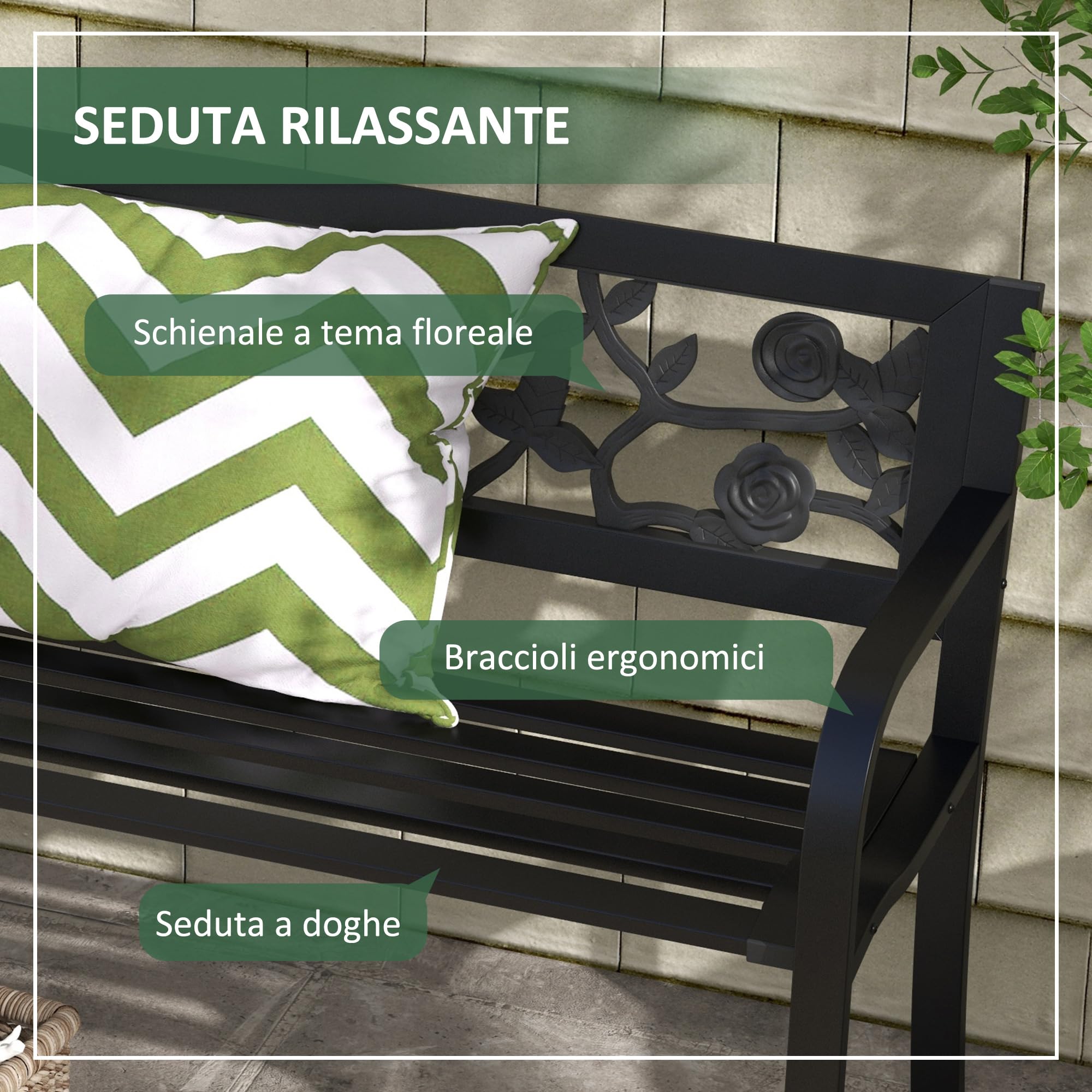 Outsunny 50" Banco Exterior de Metal, Banco 2 plazas Negro | Respaldo con patrón floral, reposabrazos curvo, invernadero, piscina, cubierta, jardín
