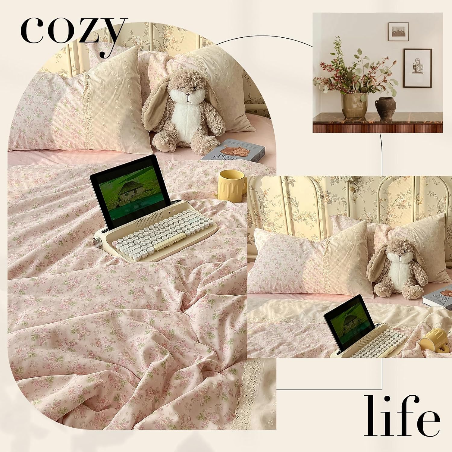 LifeTB Pink Floral Duvet Cover Twin XL Romantic Lace Bedding Set Garden Style Cottagecore Flower Duvet Cover with Zipper Closure Soft Washed Microfiber Botanical Comforter Cover for Teen Girls