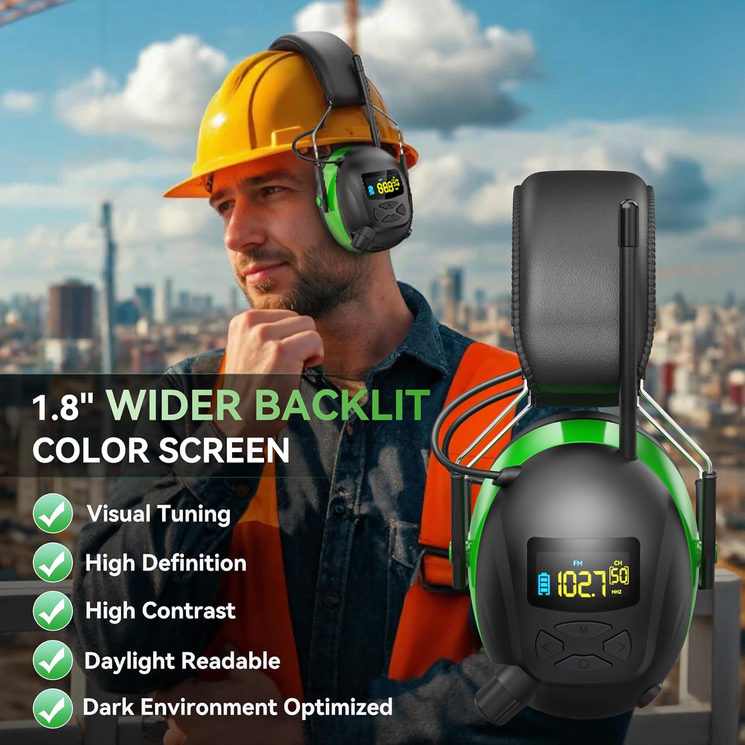 2025 AM/FM Radio Ear Protection Headphones with Backlit Digital Display, 120H Working Time, Rechargeable Hearing Protector, 30dB Noise Reduction Safety Earmuffs for Mowing, Construction, Work, Green - Image 2