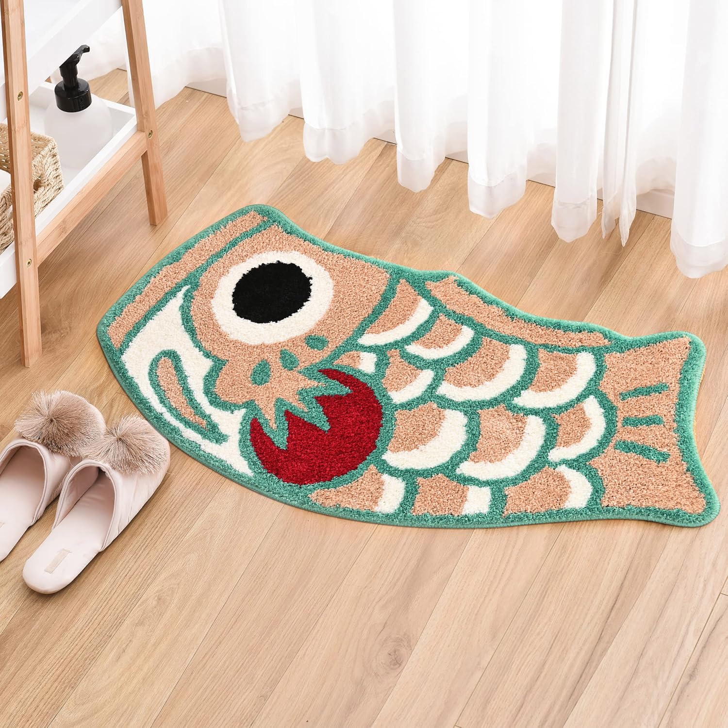Cute Fish Bath Mat for Bathroom, Japanese Style Koi Flag Soft Non-Slip Mats, Pink Green Water Absorbent Shower Rug, Machine Washable Floor Carpet
