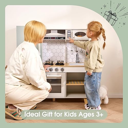 Miniatura 8 de Juego de cocina de juguete de madera para niños con luces y sonidos simulados, juego de cocina de juego de simulación con fregadero, estufa,