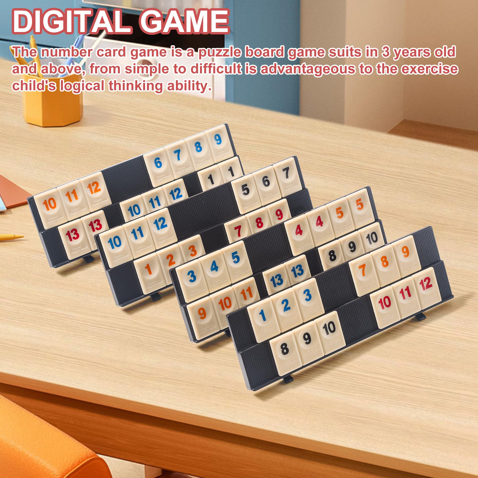 AIUAZA Juego de Rummy Cube con bolsa portátil, mini juego de Rummy Cube para adultos y niños, 106 fichas, soporte de juego, set de viaje con 4 portafichas para juegos de mesa clásicos familiares