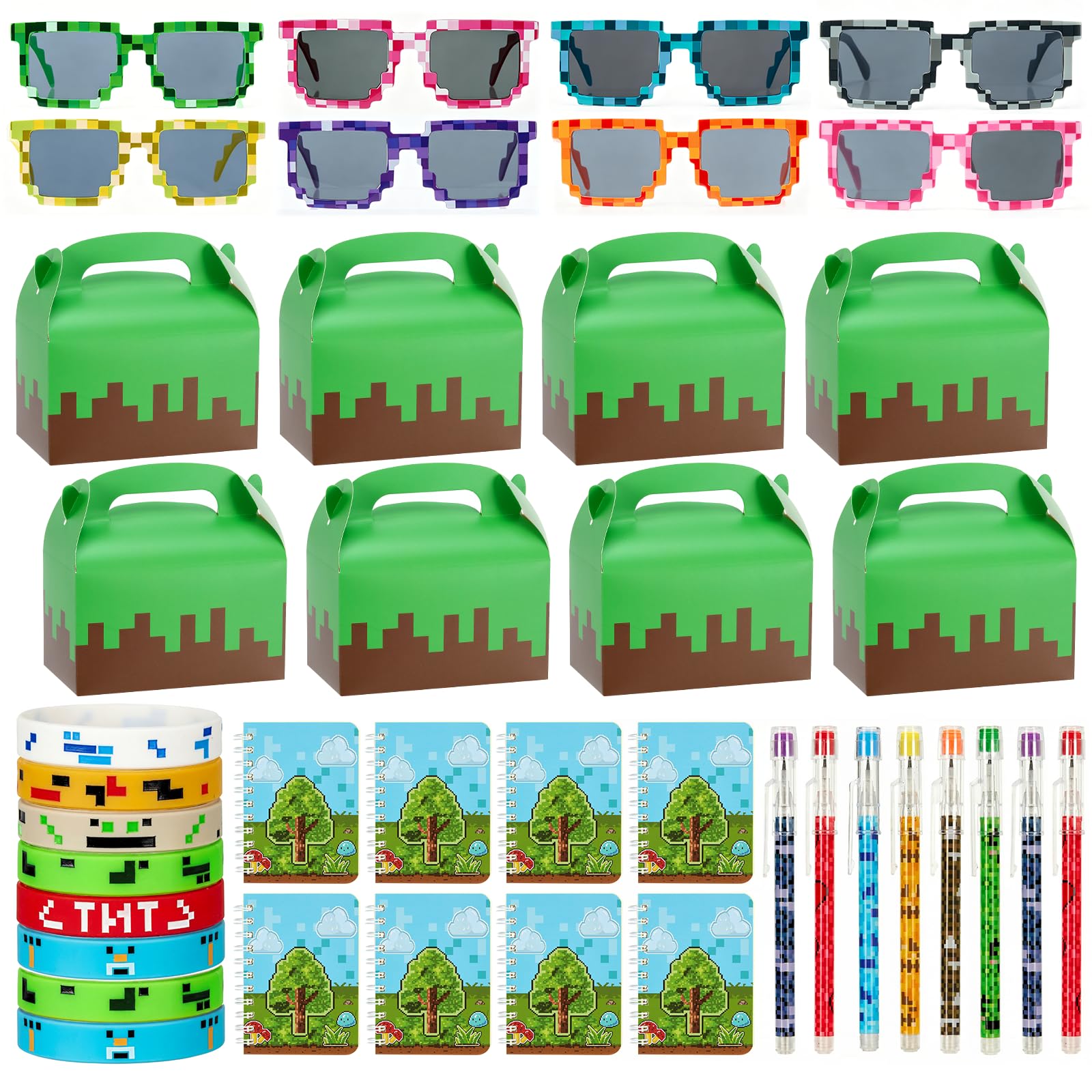 Iyxeo Gaming Party Bag Fillers for 8 Kids, 40 PCS Pixel Party Favours with 8 Gift Boxes, Notebooks, Mosaic Glasses, Pencils and Silicone Wristbands, Video Game Birthday Party Supplies for Boys Girls