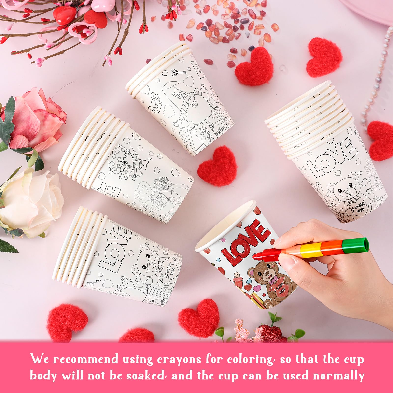 EYNDYN 50 PCS Valentines Day Cups for Kids Valentine Color Your Own Cup for Kids 9 oz DIY Valentine Paper Cup Valentines Party Cup for Valentine's Day Party Favors Crafts Classroom Gift