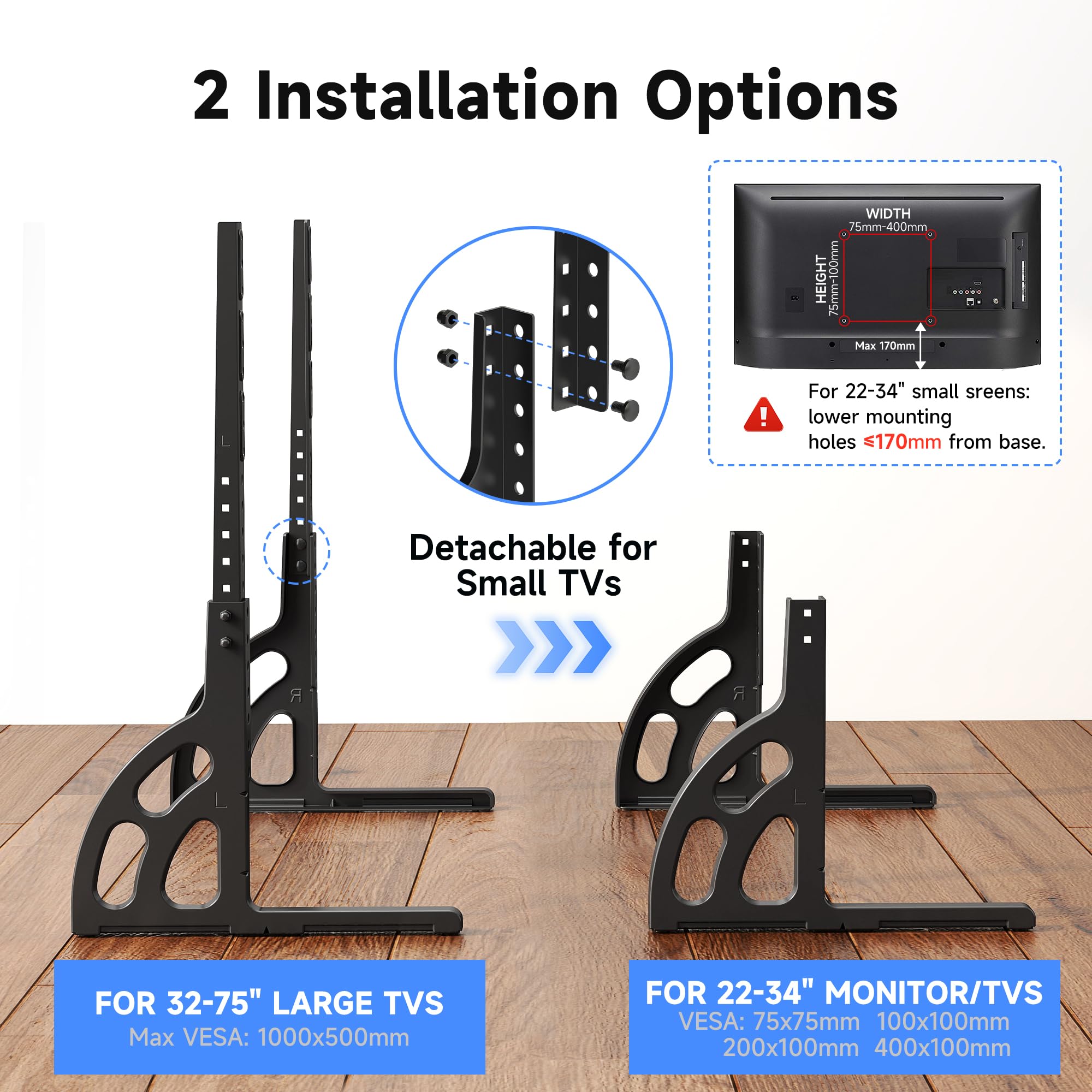 XINLEI Supporto TV universale per TV da 22 a 85 pollici, base in metallo anti-oscillazione, piedini di ricambio robusti e regolabili, VESA max. 1000 x 500 mm, capacità di carico di 55 kg ML1760E