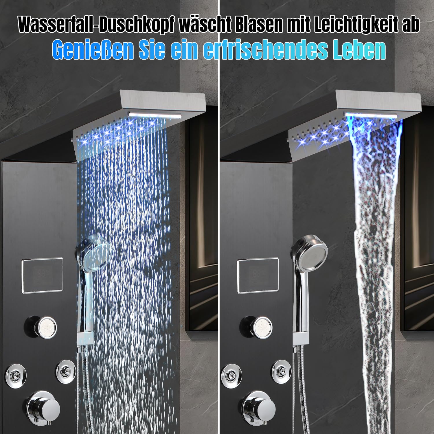 Panel de ducha, columna de ducha seis en uno, indicador de temperatura LED, sistema de panel de ducha de acero inoxidable con grifo, ducha de lluvia, ducha de cascada, ducha de masaje, ducha