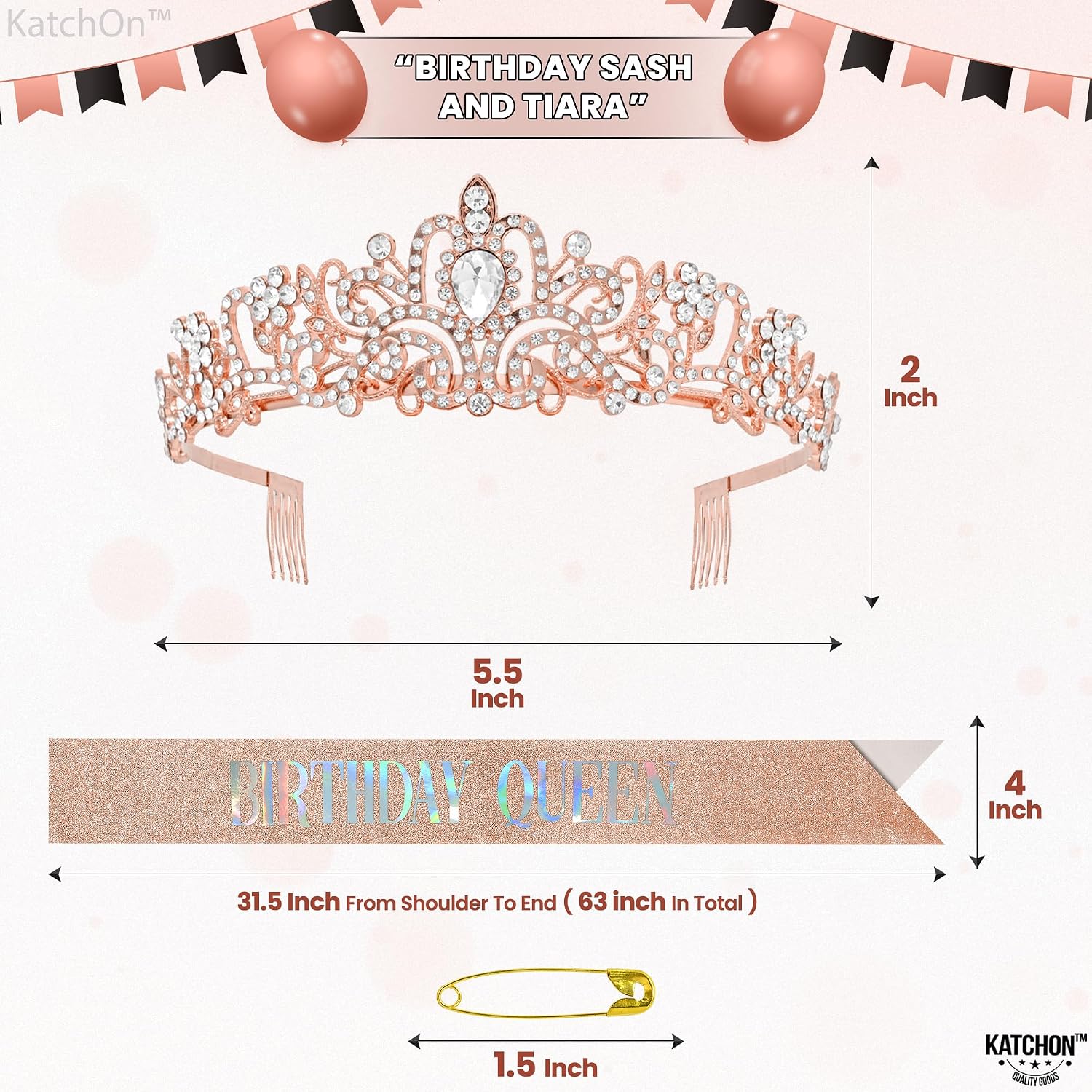 KatchOn, Rose Gold Happy Birthday Sash and Tiara - Silver Rhinestone Tiara Set | Birthday Crown and Sash for Women | Glitter Crystal Hair Accessory for Queen's Birthday | Women Birthday Decoration