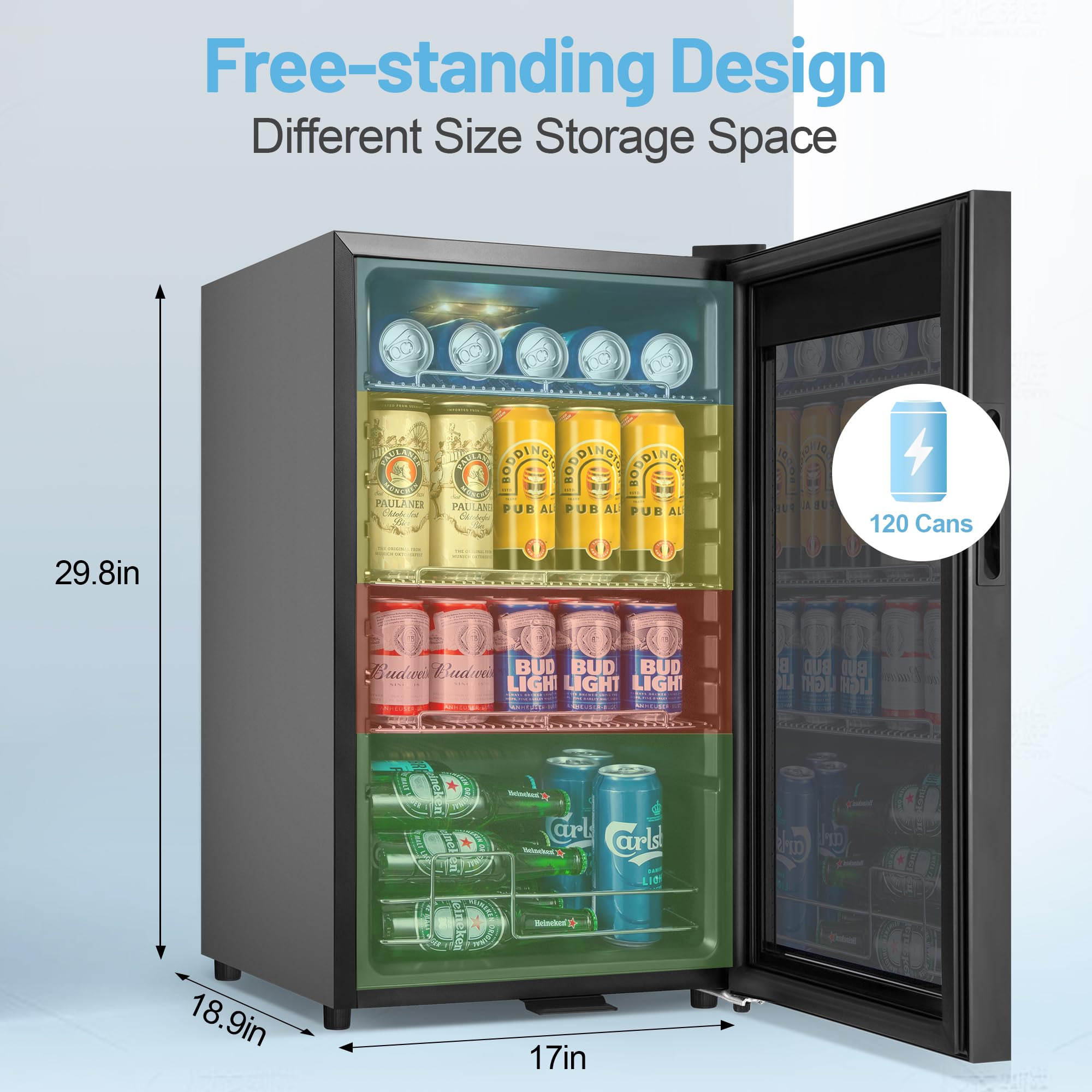 Refrigerador de bebidas, 17 pulgadas, 120 latas, mini refrigerador independiente con puerta de vidrio, estantes ajustables y luz LED, nevera pequeña para bebidas, nevera de cerveza para dormitorio 8