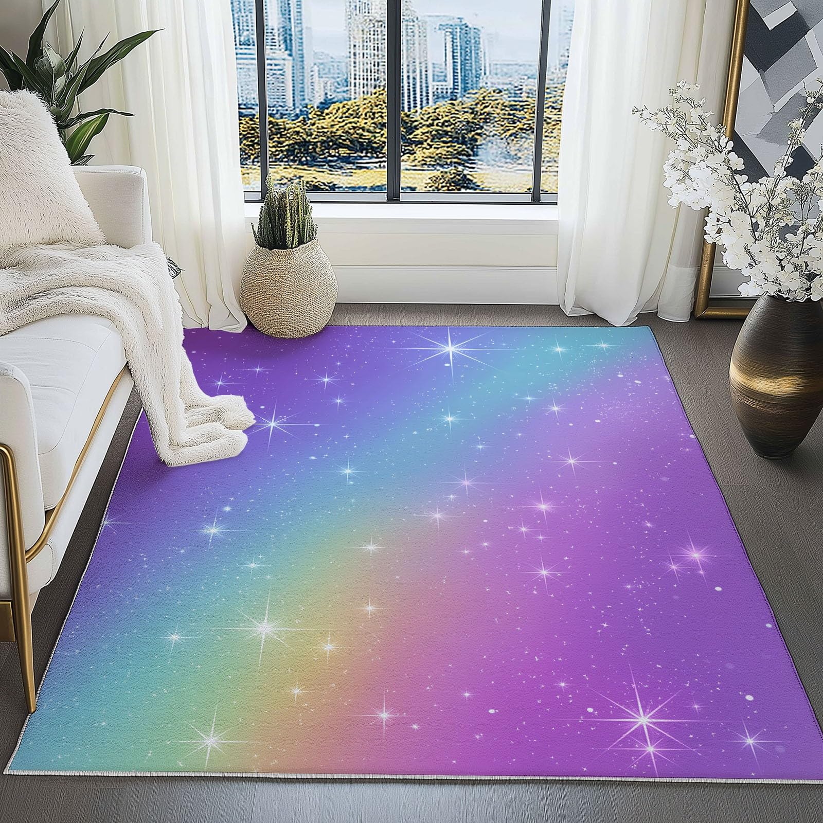 Traum Farbverlauf Regenbogen Sterne Bedruckter Teppich Wohnzimmer 160 x 230 cm, Lila Blau Muster Waschbarer Teppich Wohnzimmer Schlafzimmer, Antibakteriell Antirutschunterlage Küchenteppich