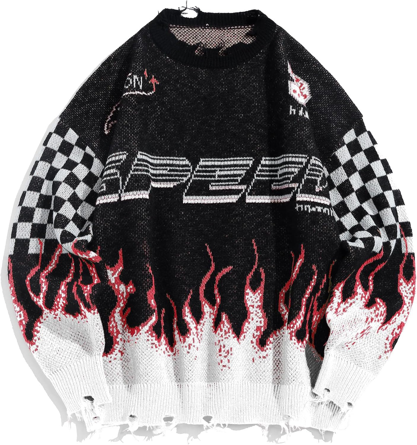 ZAFUL Men's Oversized Sweater Y2K Aesthetic Flame Graphic Crewneck Knit Pullover Unisex Casual Sweaters