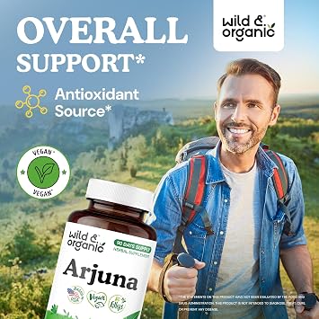 Wild & Organic Arjuna Bark Capsules - Overall Support - Arjuna Powder Supplement - 90 Herbal Capsules - 4-Month Supply - Terminalia Bark & Leaf Extract - Vegan, No Fillers, Non-GMO