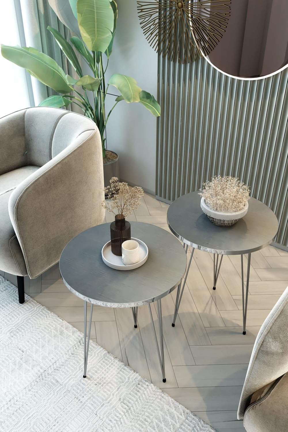 PAK HOME Set of 2 End Tables Round Wood Sofa Side Coffee Tables for Small Spaces, Nightstand Bedside Table with Metal Legs for Bedroom, Living Room, Office (Black Marble High Gloss/Silver Legs)