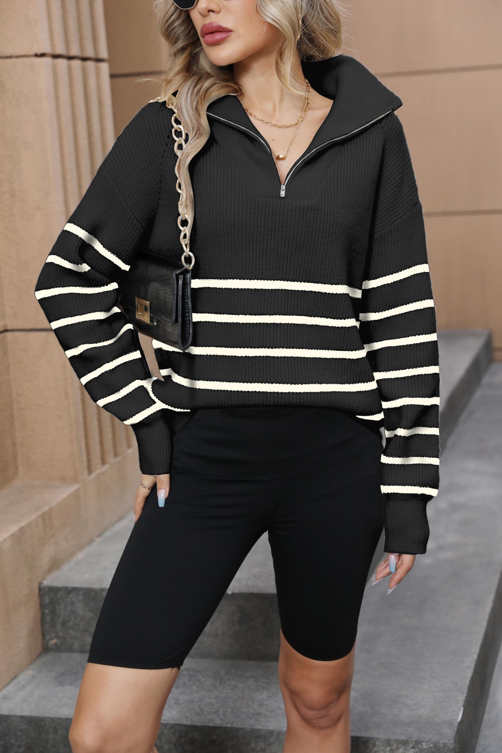 Maglione da donna a righe con mezza cerniera pullover maglione a maniche lunghe a costine lavorato a maglia oversize oversize, nero, XL