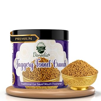 Danodia Foods Jaggery Fennel Crunch, Gur Sweetener, 100g, for Chai & Baking | Gur saunf mukhwas with jaggery and fennel seeds; Indian after-meal mouth freshener in resealable pouch; tea and dessert use