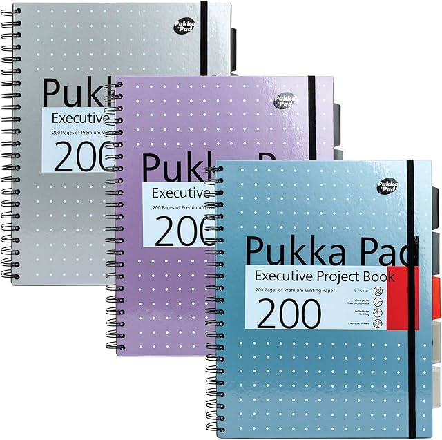 Pukka Pad, A4+ Metallic Executive Project Book 3 Pack  22.5 x 29.6cm  200 Page Hardback Wirebound Notebook with 8mm Lines and 80GSM Paper  Includes Repositionable Dividers with Storage Pocket for Multiple School Subjects and Work Assignments - 200 Pages
