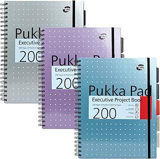 Pukka Pad, A4+ Metallic Executive Project Book 3 Pack – 22.5 x 29.6cm – 200 Page Hardback Wirebound Notebook with 8mm Lines and 80GSM Paper – Includes Repositionable Dividers with Pocket - 200 Pages