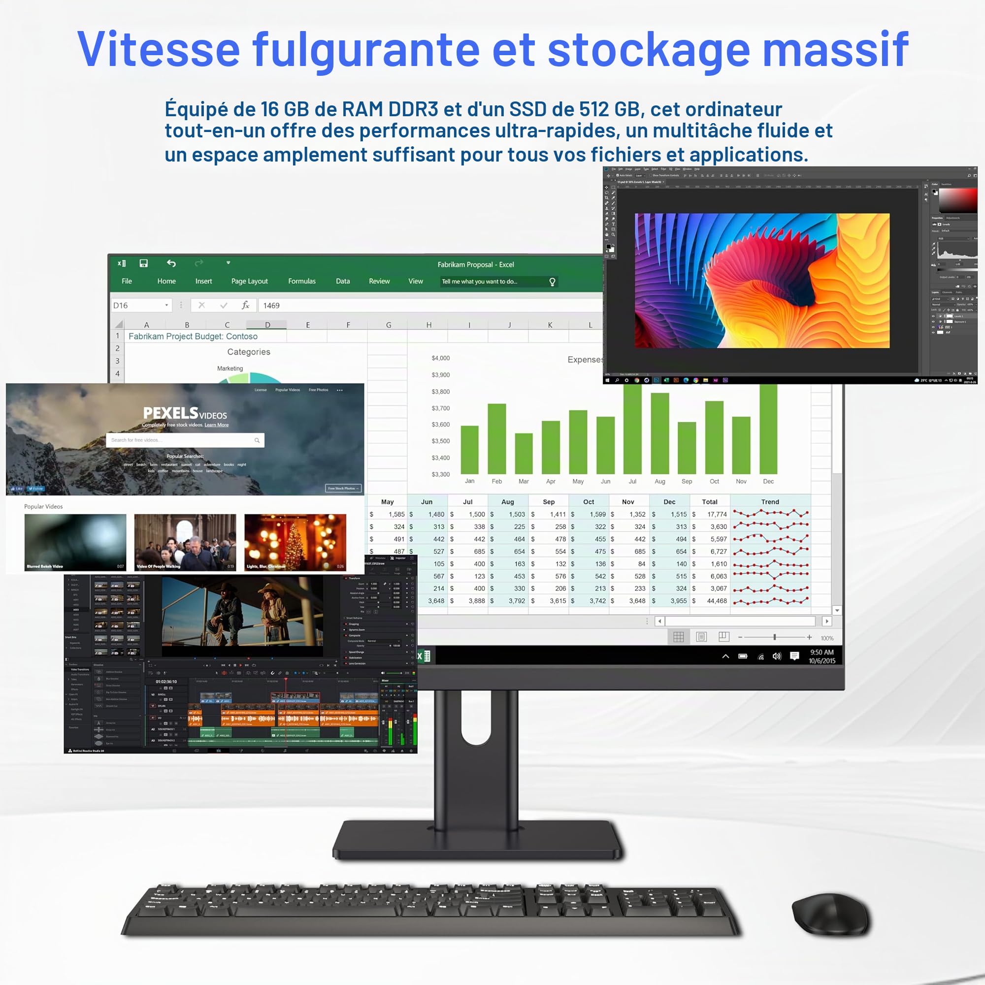 Ordinateur de bureau, Ordinateur tout-en-un 27'' Core i7 (jusqu'à 3,0 GHz) 512 Go SSD 16 Go RAM avec Webcam rétractable, PC tout-en-un écran ajustable, WiFi6 Bluetooth 5.3 Idéal pour télétravail,Noir